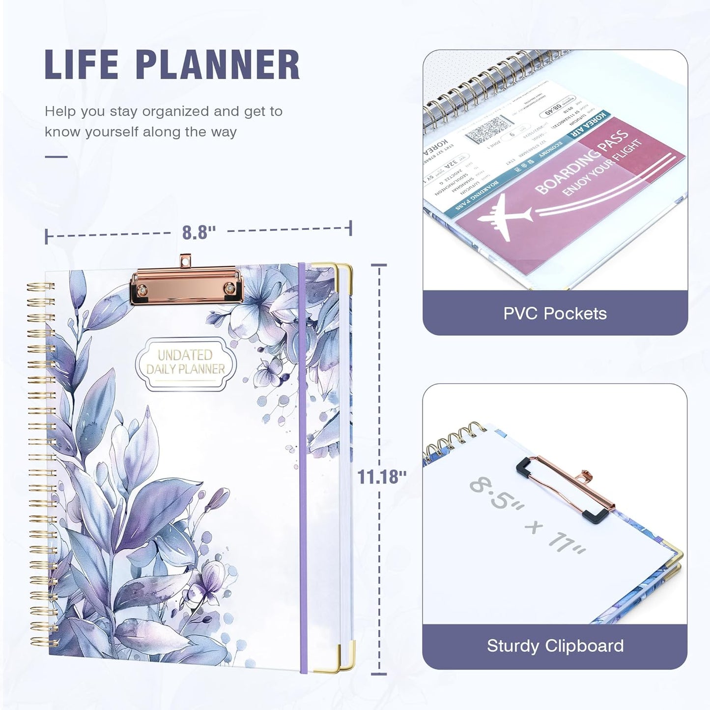 Ospelelf Spiral Undated Daily Planner 8.5 x 11, Weekly Monthly Teacher Academic Yearly 2025-2026, Purple
