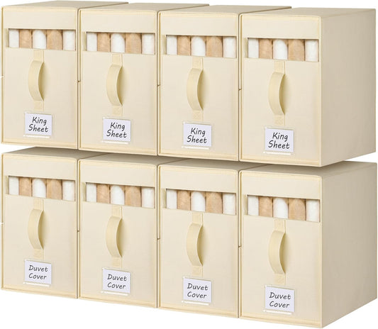 8 Pack Large Bed Sheet Organizers and Storage, (King & Queen Size) Sheet Organizer for Linen Closet, Foldable Bedding Storage Box with Window for Bedsheets, Blanket, Duvet Cover and Pillowcase
