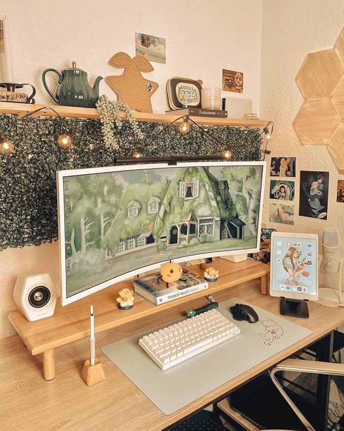 Bamboo Dual Monitor Shelf, Monitor Stand Riser with Underneath Storage for Desk Office Supplies, Supports Heavy TV up to 300 lbs, Natural