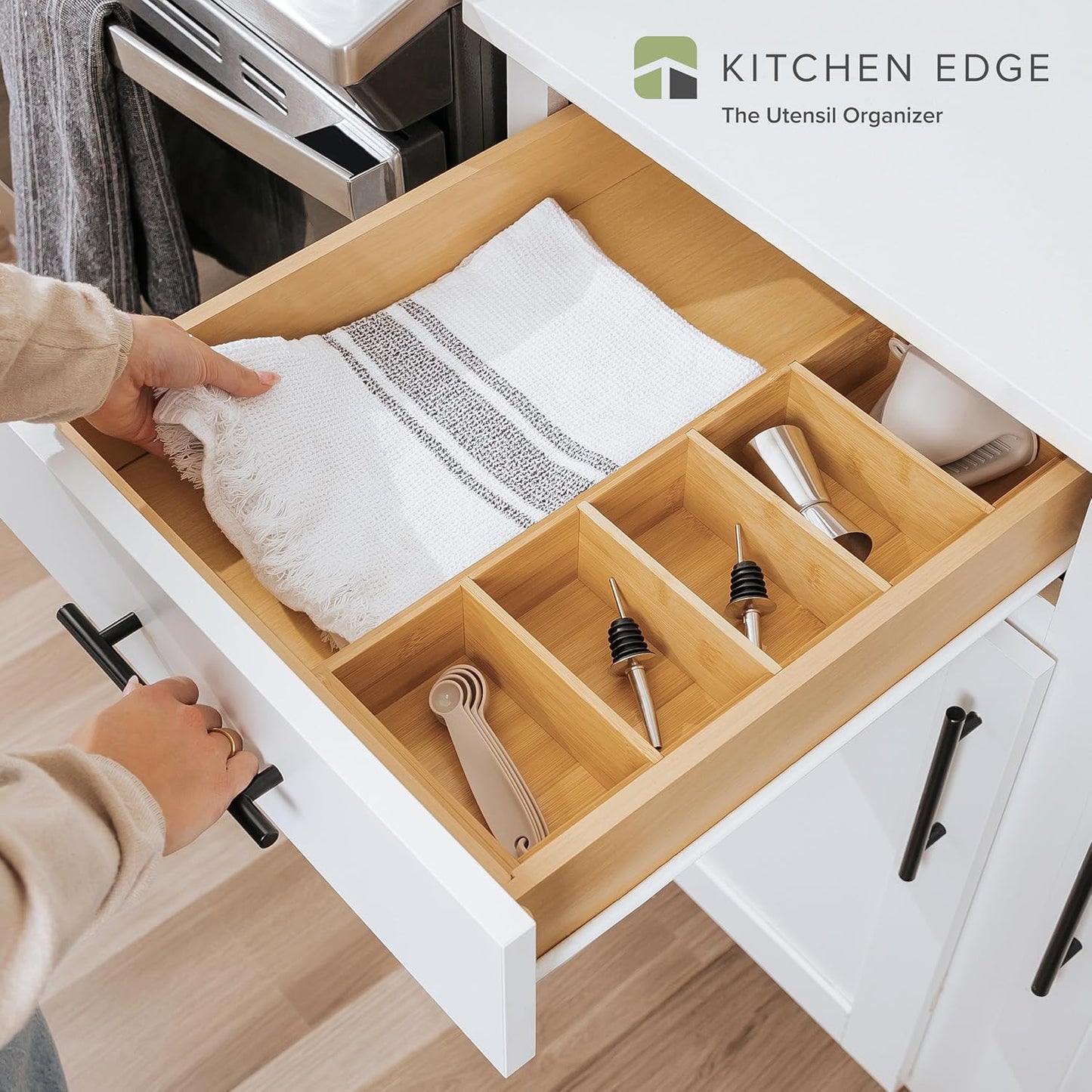 KitchenEdge Premium Kitchen Utensils and Junk Drawer Organizer – Small 5-Compartment Design with 4 Removable Dividers, Non-Slip Feet, 100% Sustainable Bamboo