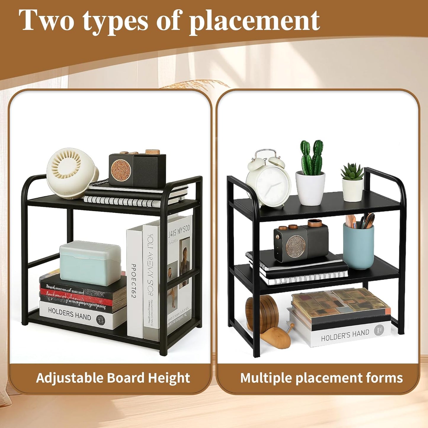 Desktop Shelf Organizer, 2-Tier Office Desk Shelf for Top of Desk, Wood & Metal Bookshelf Supplies Storage Rack (Black)