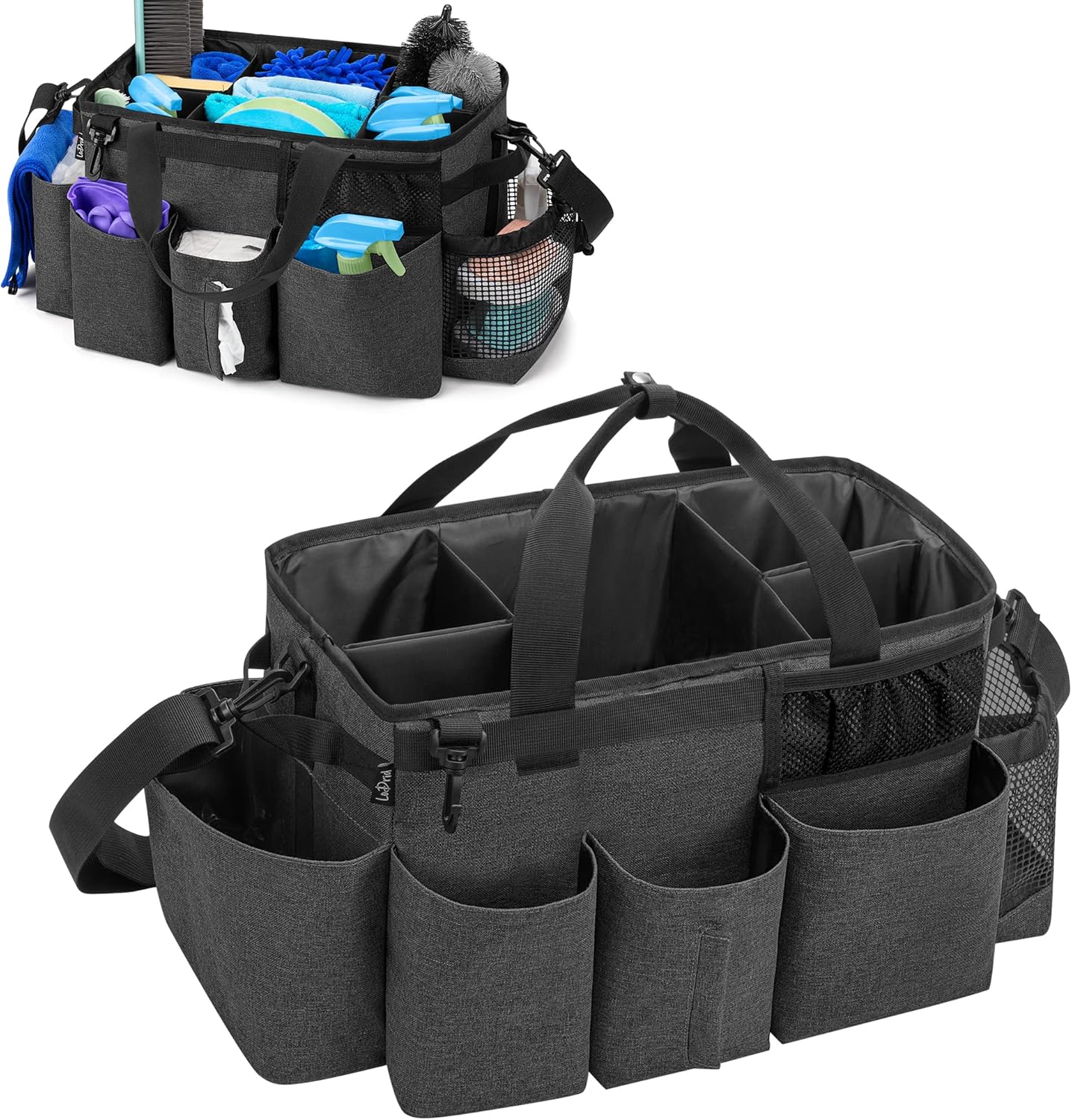 LoDrid Wearable Cleaning Caddy Bag with 4 Foldable Dividers, Cleaning Supply Organizer with Shoulder Strap and Side Handles for Cleaners & Housekeepers, Black