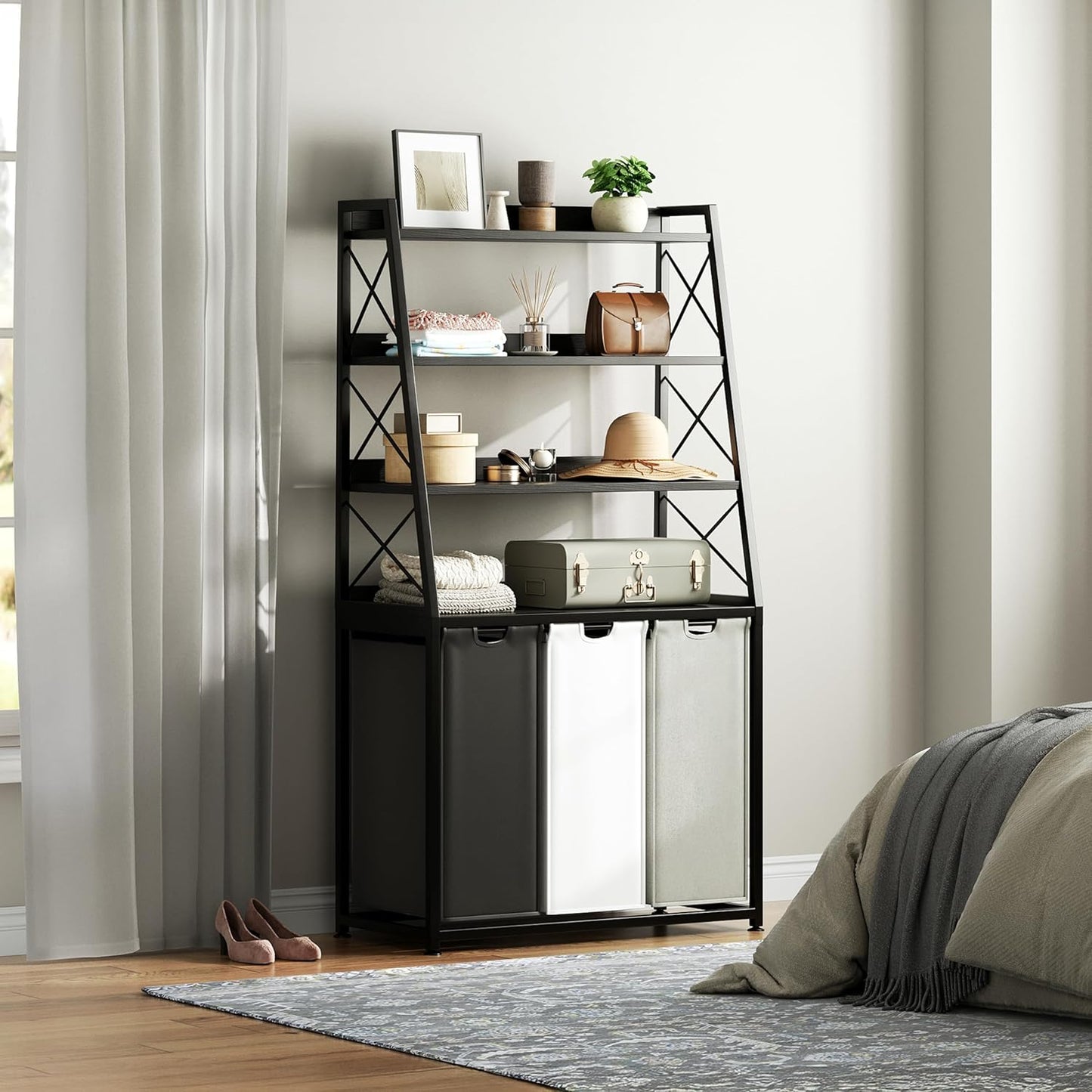 Laundry Basket, 3 Section Laundry Hamper with 4 Tiers Shelf, Pull-Out and Removable Laundry Bags, Large 3 x 15.87 Gallons, for Laundry Room Bathroom Black PF05XLK