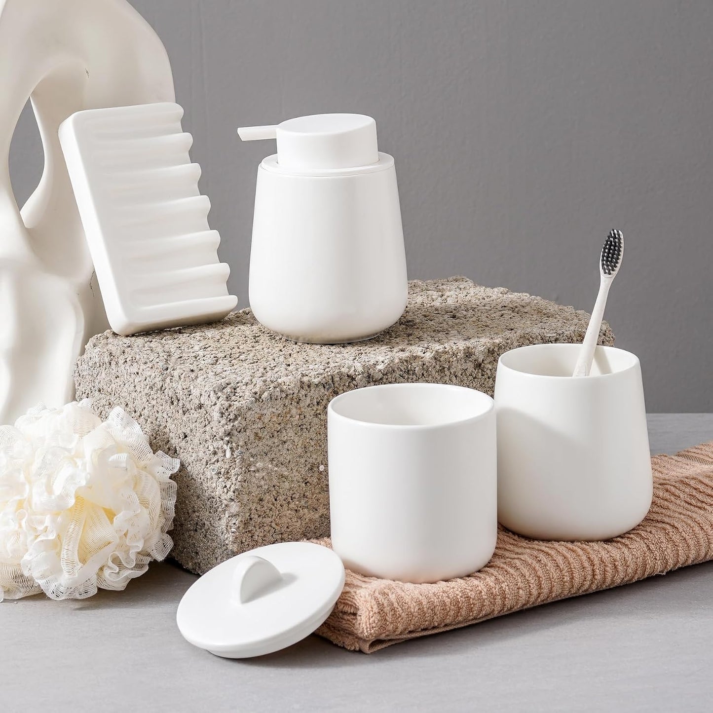 Ceramic Bathroom Accessories Set,Foam Soap Dispenser and Toothbrush Holder Set, Soap Dish, Apothecary Jars,4 Pieces for Home Apartment Modern Bathroom Decor Vanity Countertop(White Set - Foam)