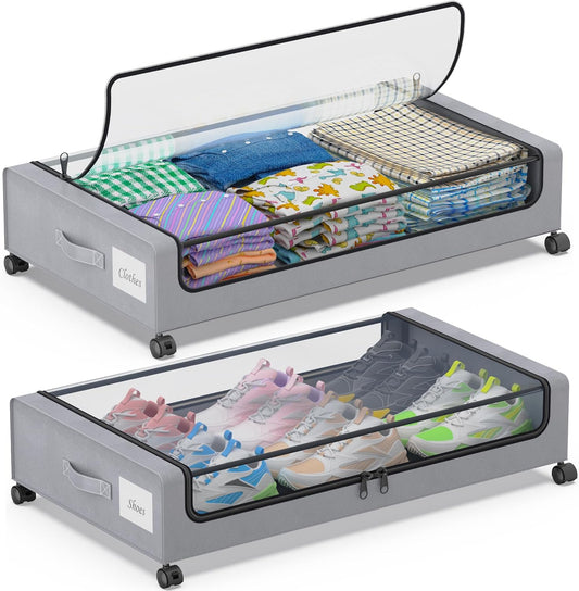 Under Bed Storage with Wheels, 2-Pack Under Bed Storage Containers with Clear Lids, XXL 60L Under the bed storage Organizer Bins, Rolling Under Bed Metal Drawer for Clothes,Shoes,Toys (Gray, 2 Pack)