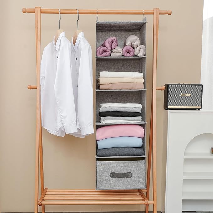 Large Hanging Sweater Organizer for Closet,Collapsible 6-Shelf Hanging Closet Shelves with Drawers, Washable (Grey-5 Shelf-1 d)