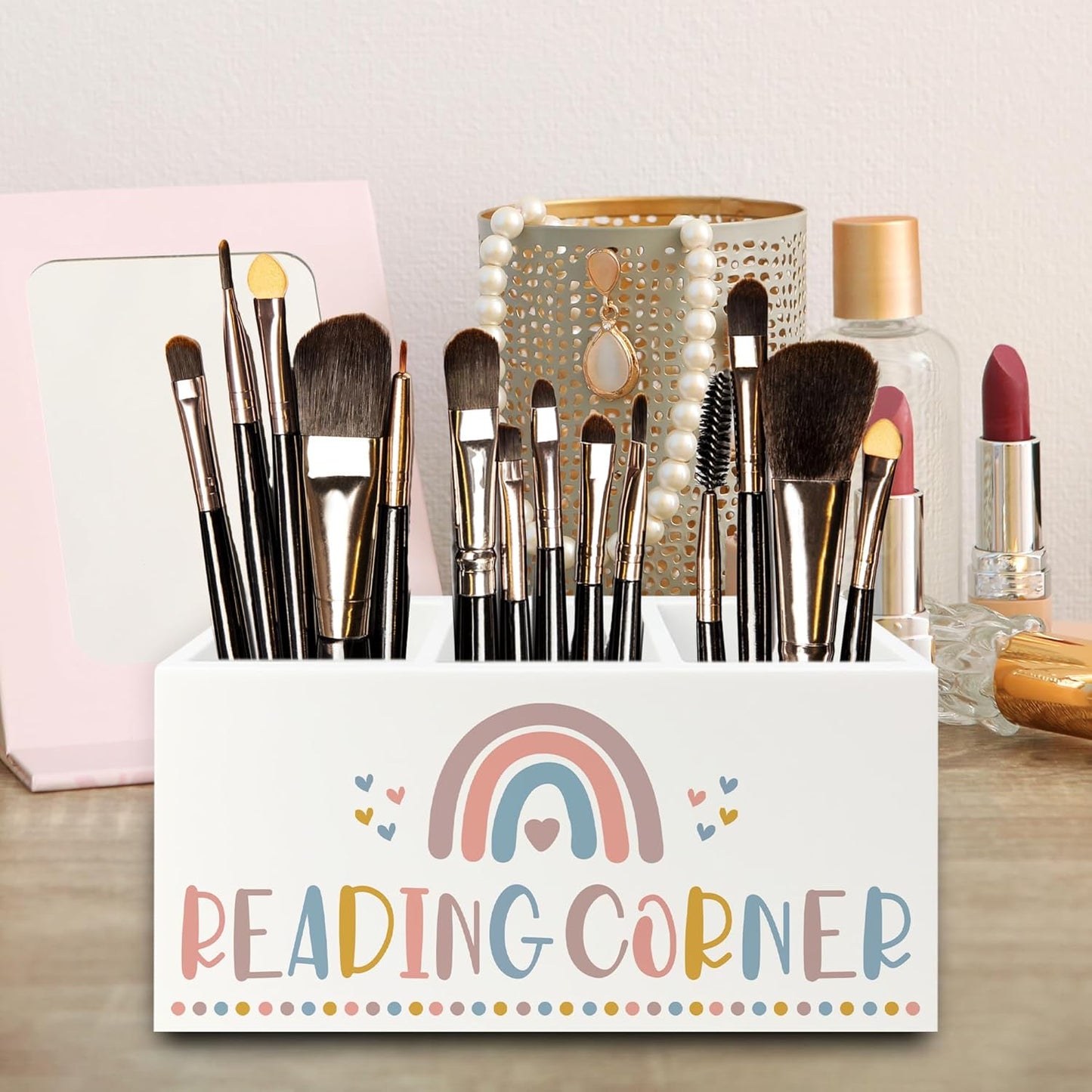 Boho Reading Corner Pen Pencil Holder Organizer for Desk, Boho Rainbow Bookish Wooden Box Signs Decorations for Reading Nook Corner Room Desk Tabletop, Book Lover Reader Gifts