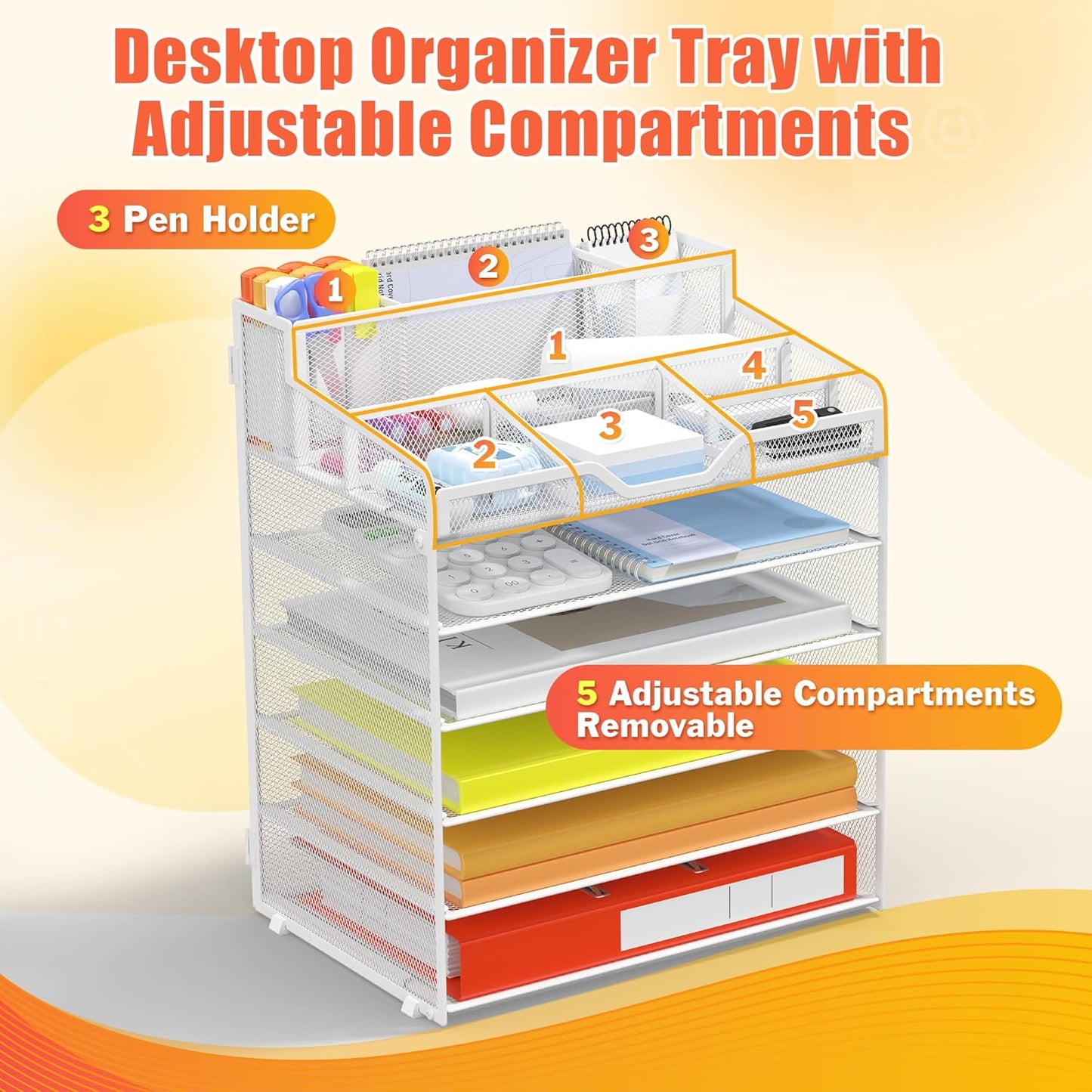 Docnest 6 Tier Mesh Desk Organizer for Paper Office Supplies – Multi-Functional Letter Tray with 5 Adjustable Compartments, 3 Pen Holders, Desktop Storage for Files, Mail, Stationery – White