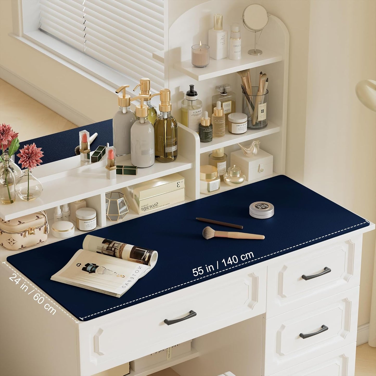 Aothia Leather Desk Pad Protector, Office Desk Mat, Large Mouse Pad, Laptop Desk Pad, Non-Slip PU Leather Desk Blotter, Waterproof Desk Writing Pad for Office and Home (Dark Blue, 55" x 24")