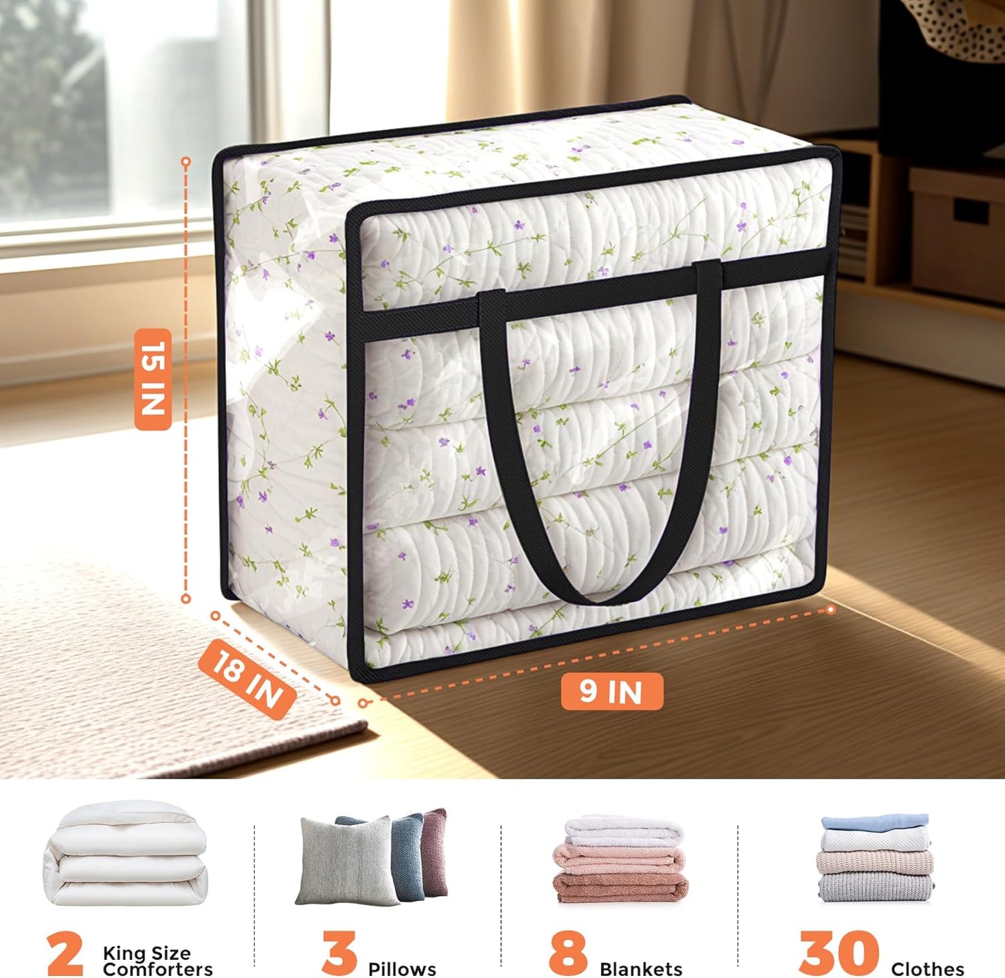 Budding Joy 6 Pack Clear Zippered Storage Bags for Clothes,40L Closet Organizers and Storage Containers Vinyl Moving Bag for Bedding, Linen, Blankets, Comforters, Clothing & Toys, Black