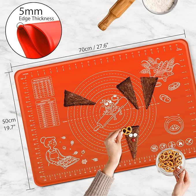 Silicone Baking Mat 28" x 20" Extra Thickness Dough Rolling Mat with Measurements and Edge Heightening, Non-stick Food Grade Silicone Pastry Mat for Pastry, Bread, Cookies, Pizza, Fondant, Pasta-Red