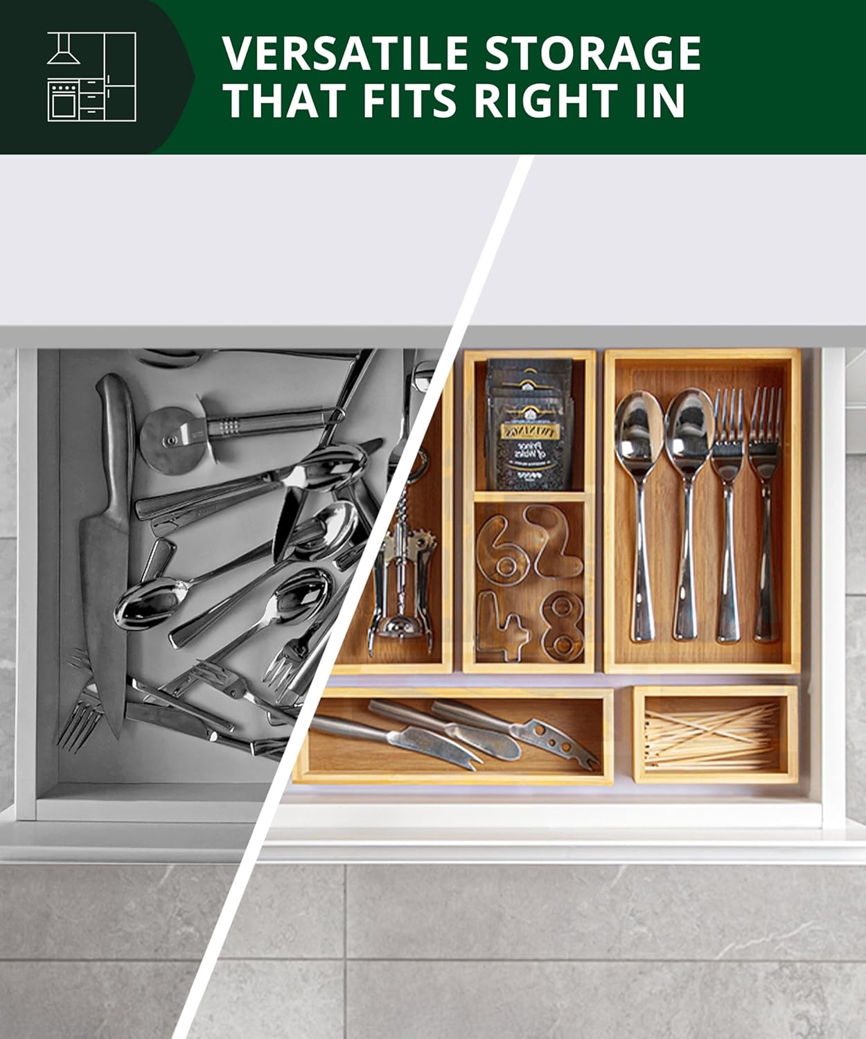 ROYAL CRAFT WOOD 5-Piece Bamboo Drawer Organizer Set – Multi-Use Storage Trays for Kitchen, Bathroom, Office, Makeup, Jewelry & More – Junk Drawer Tray, Utensil Holder, Storage Box & Bin Set (5 Boxes)