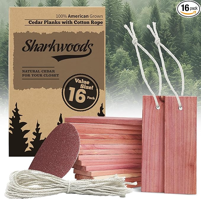 Cedar Blocks for Clothes Storage - 16 Pack Red Cedar Planks, 100% Natural Aromatic Cedarwood with Cotton Rope and Sandpaper for Closets & Drawers Freshener