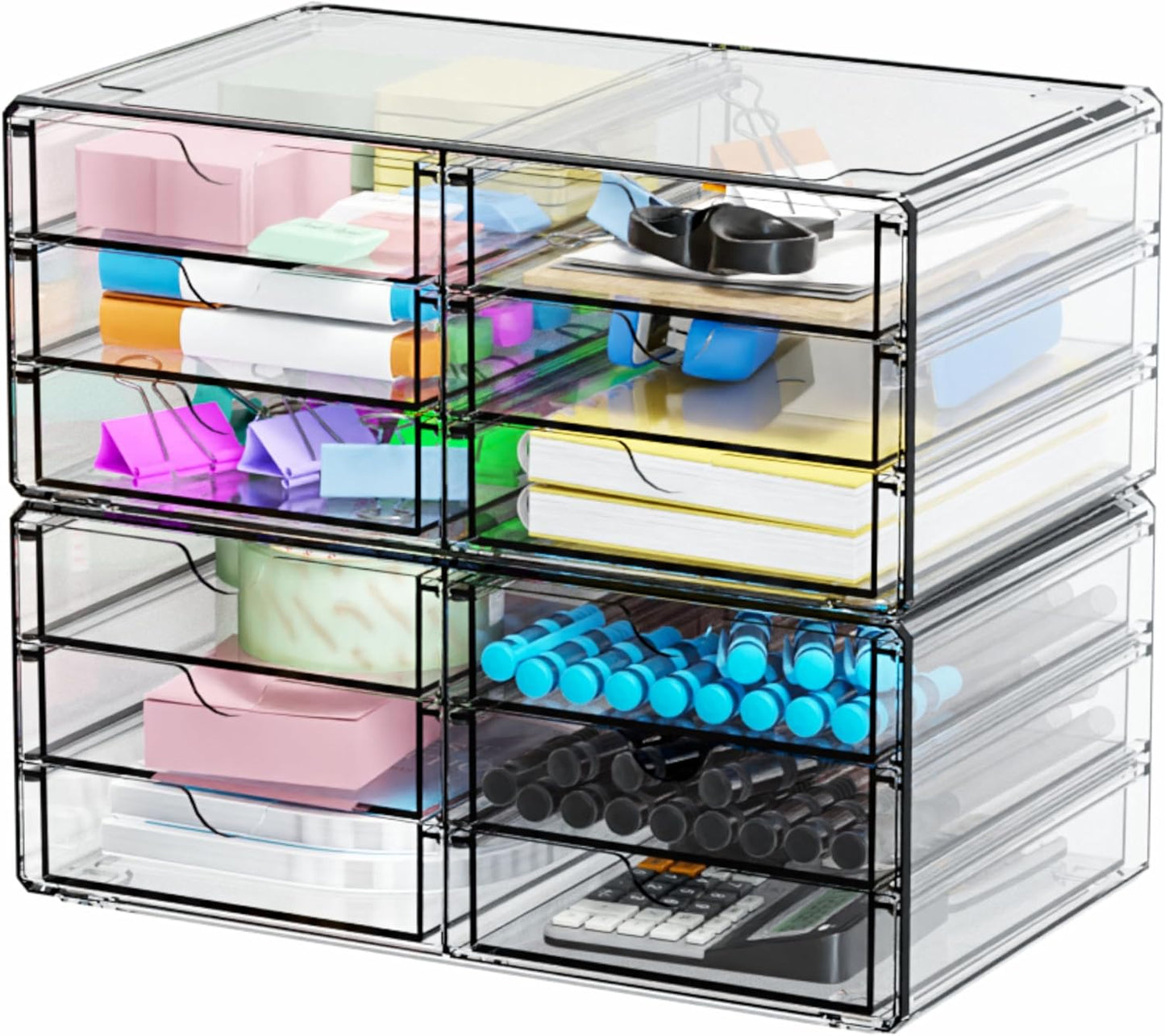 Yieach 2 Pack Acrylic Storage Drawers With 12 Small Drawer,Stackable Office Cabinet Organizer and Makeup Organizer,Clear Plastic Drawers for Craft Supply,Pen,Stationary,Accessory,Makeup,Desk Organizer