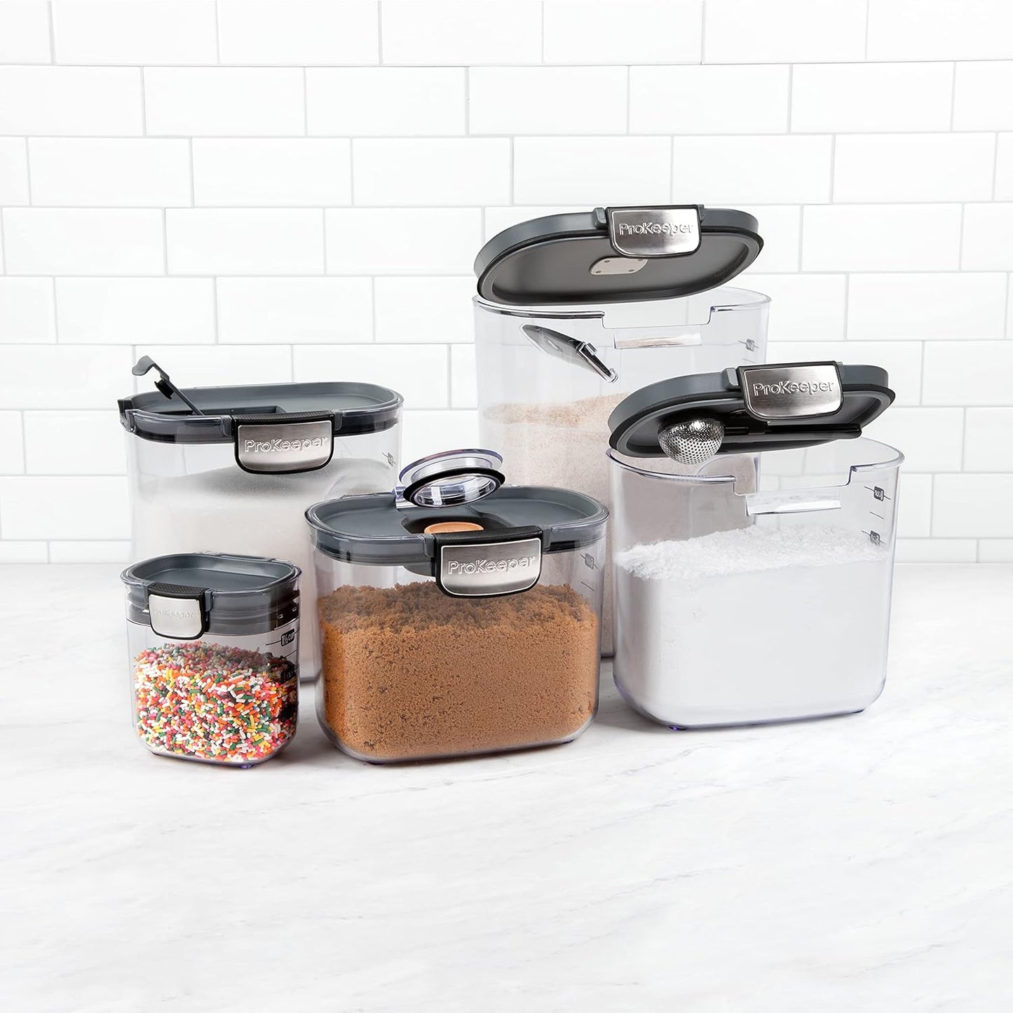 ProKeeper+ 9-Piece Airtight Food Storage Container Set – Clear Plastic Flour and Sugar Canister Set with Magnetic Accessories for Kitchen Organization (Grey, 9-Piece)