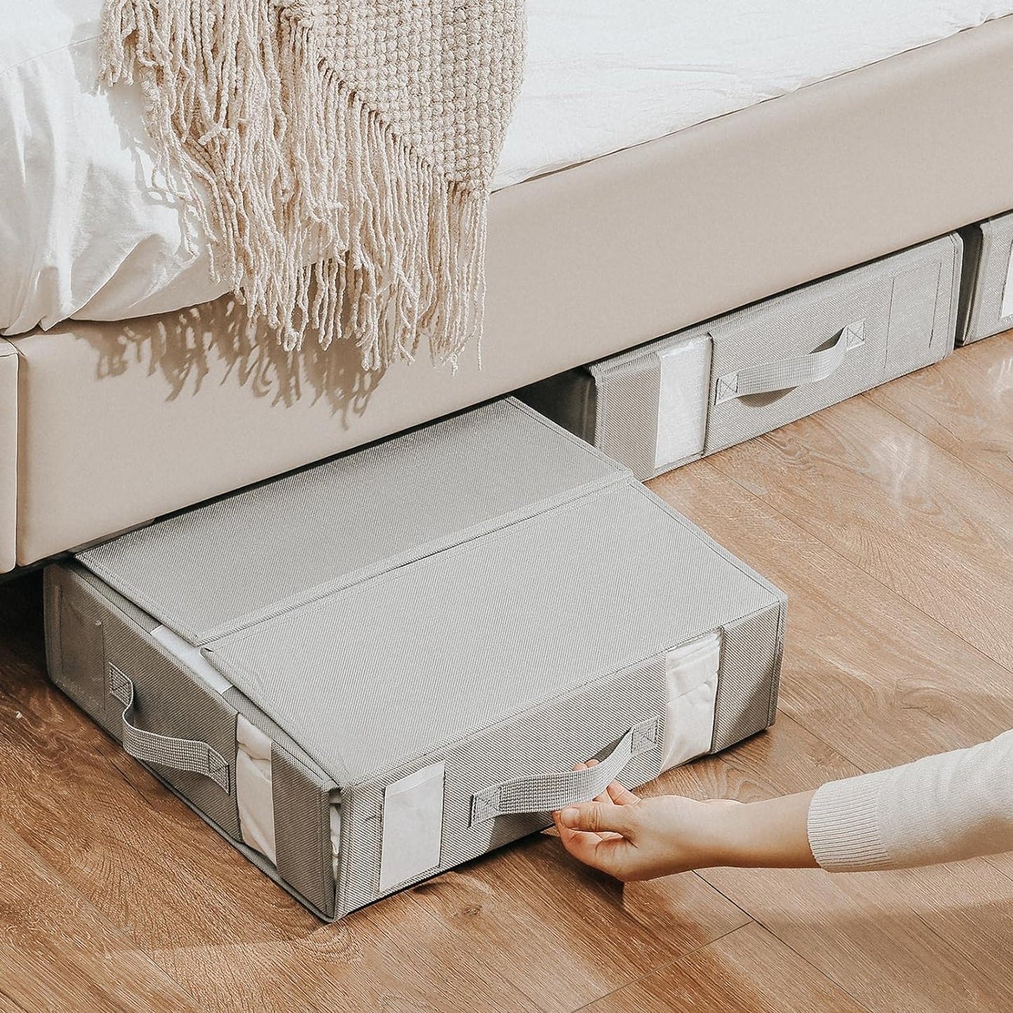 DIMJ Bed Sheet Organizers and Storage 4 Pack - Foldable Sheet Organizer for Linen Closet, Bedding Storage Box for organization, Sheets Set Folder Keeper with Window(King & Queen Size), Grey