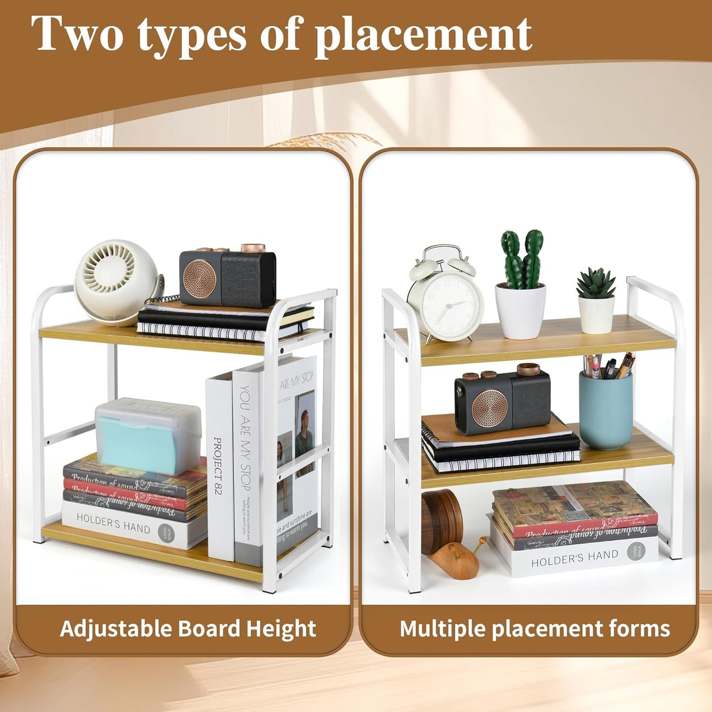 Desktop Shelf Organizer, 2-Tier Office Desk Shelf for Top of Desk, Wood & Metal Bookshelf Supplies Storage Rack (White&Walnut)