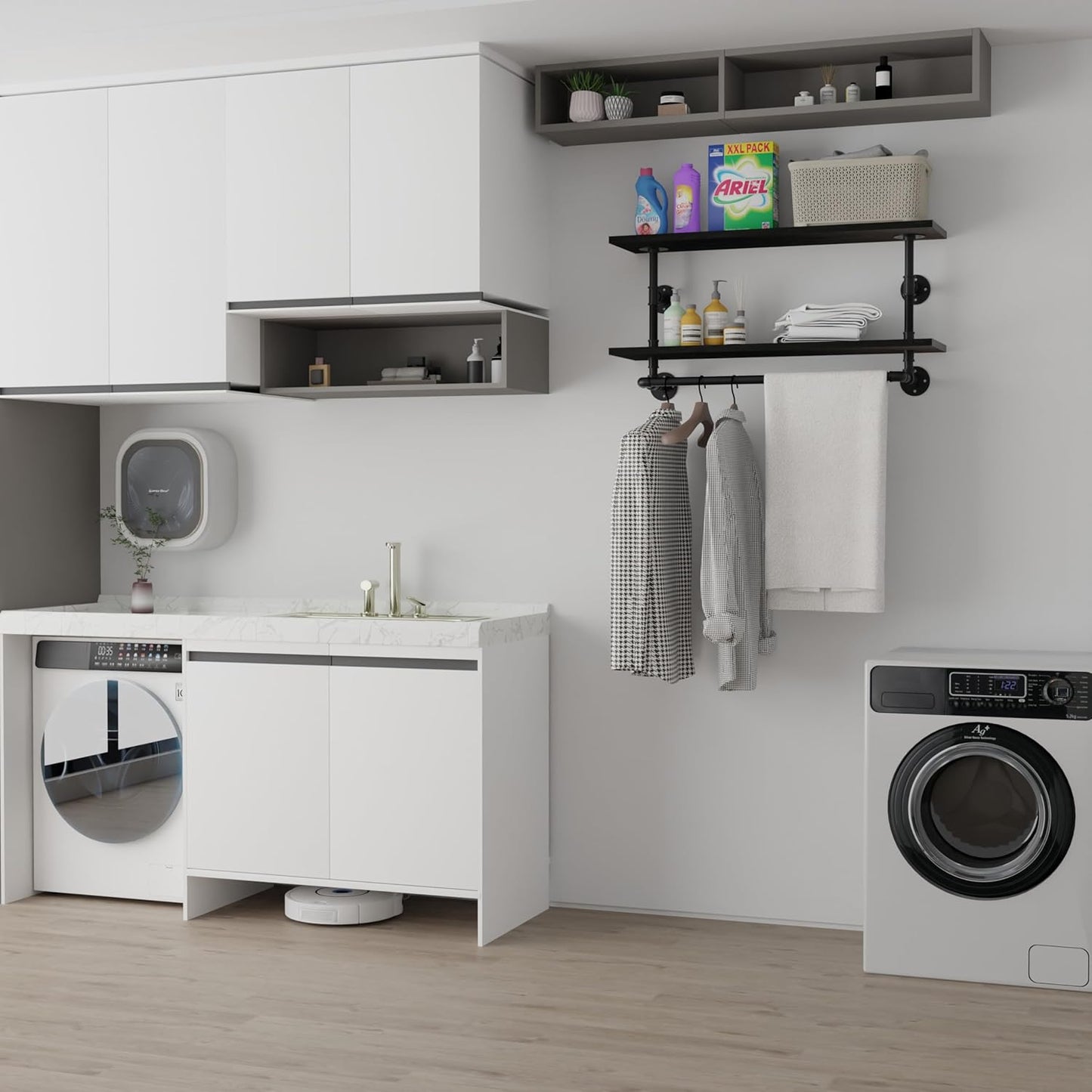 Clothes Rack 36in, 2-Tier Wall Mounted Garment Rack with Real Wood Shelf, Heavy Duty Hanging Clothes Rack, Multi-Purpose Hanging Rod, Space-Saving Closet Storage