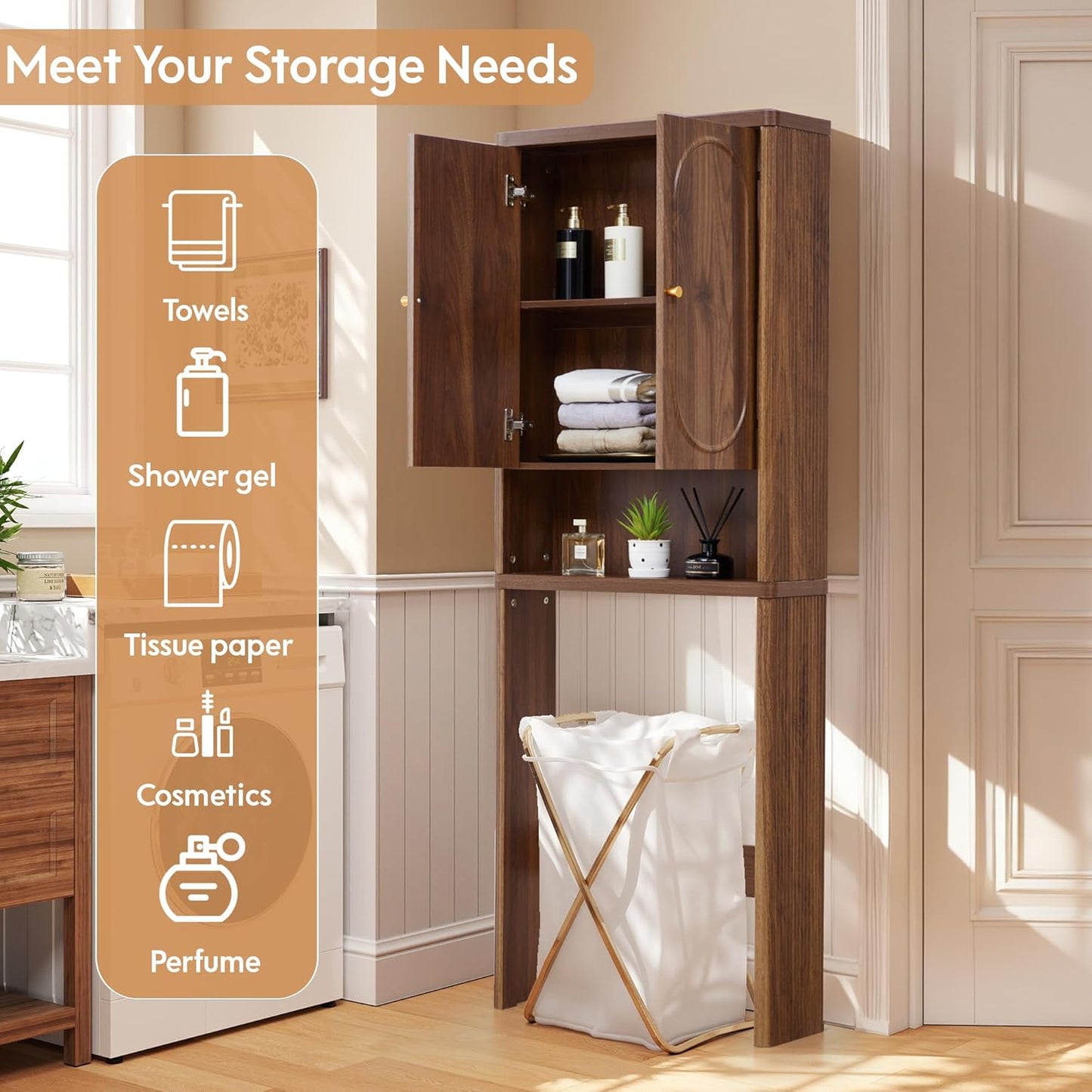 Fluted Over The Toilet Storage Cabinet, Bathroom Toilet Storage Cabinet with Door, Wood Curved Over The Toilet Space Saver Cabinets for Restroom Bathroom, Walnut