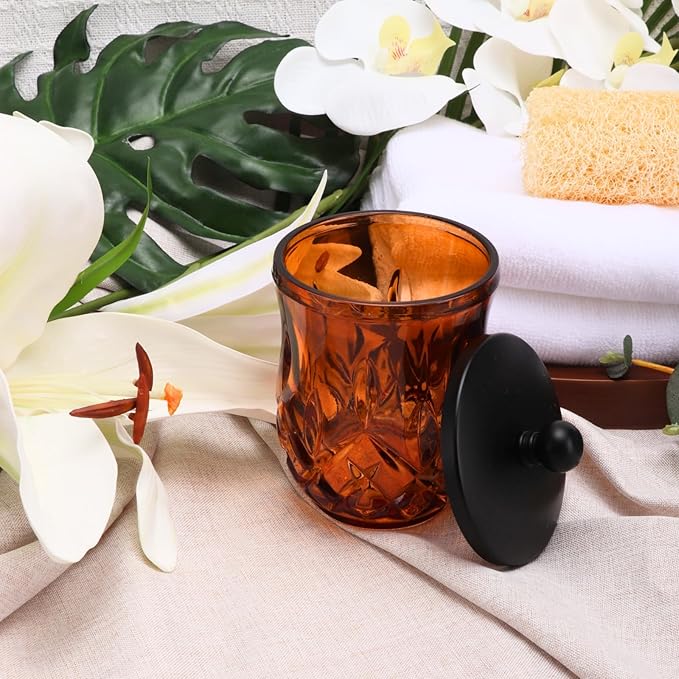 Qtip Holder,10 Oz Amber Glass Apothecary Jars with Matte Black Lids for Bathroom Organization & Desk Storage,Thick Glass Apothecary Jars for Q-Tips,Cotton Rounds, Jewelry,Candy,Round