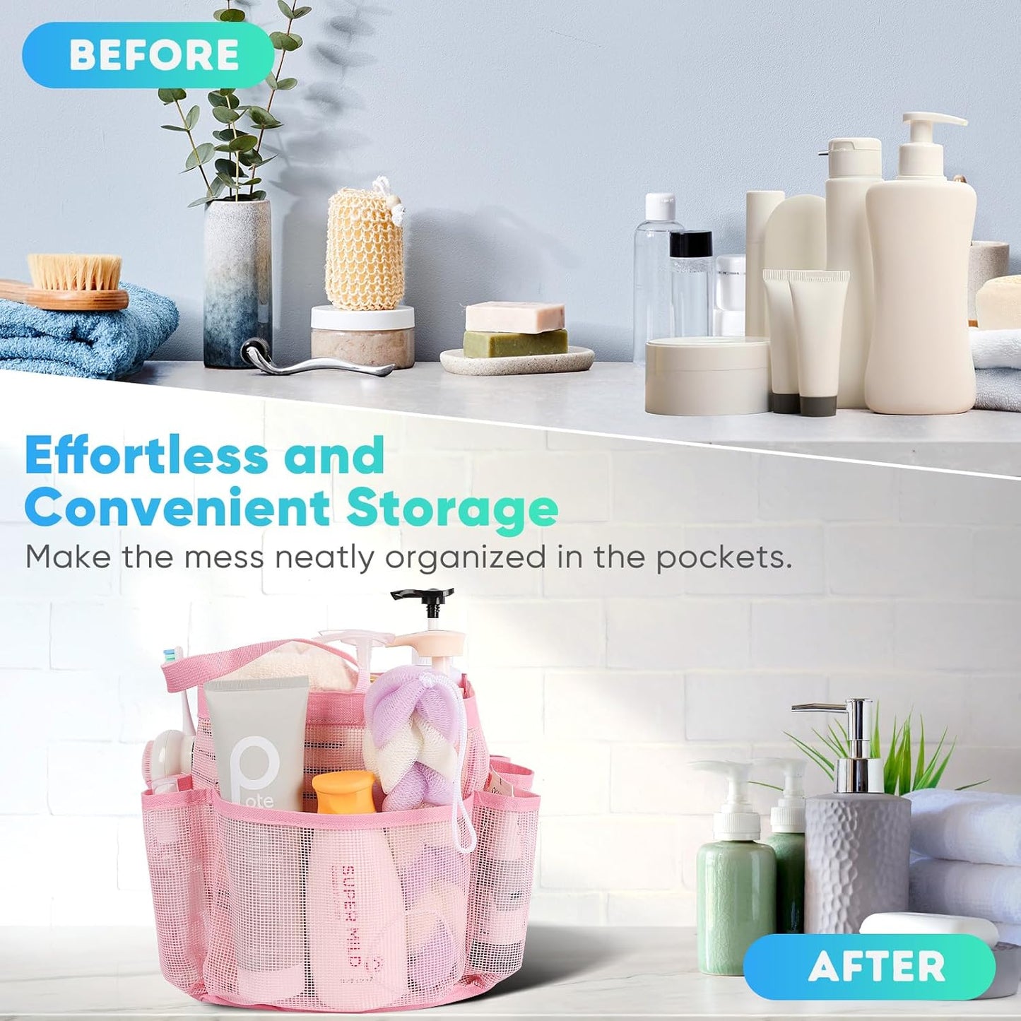 EUDELE Mesh Shower Caddy Portable for College Dorm Room Essentials,Portable Shower Caddy Dorm with 8-Pocket Large Capacity, Shower Bag for Beach, Swimming, Gym-Pink