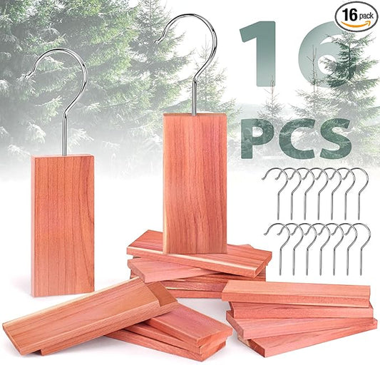 Woodever 16 Pack Cedar Planks for Clothes Storage, Aromatic Red Cedar Wood Hangers with Metal Hooks, 100% Natural Scent, with Sandpaper Freshener, for Drawers and Wardrobes