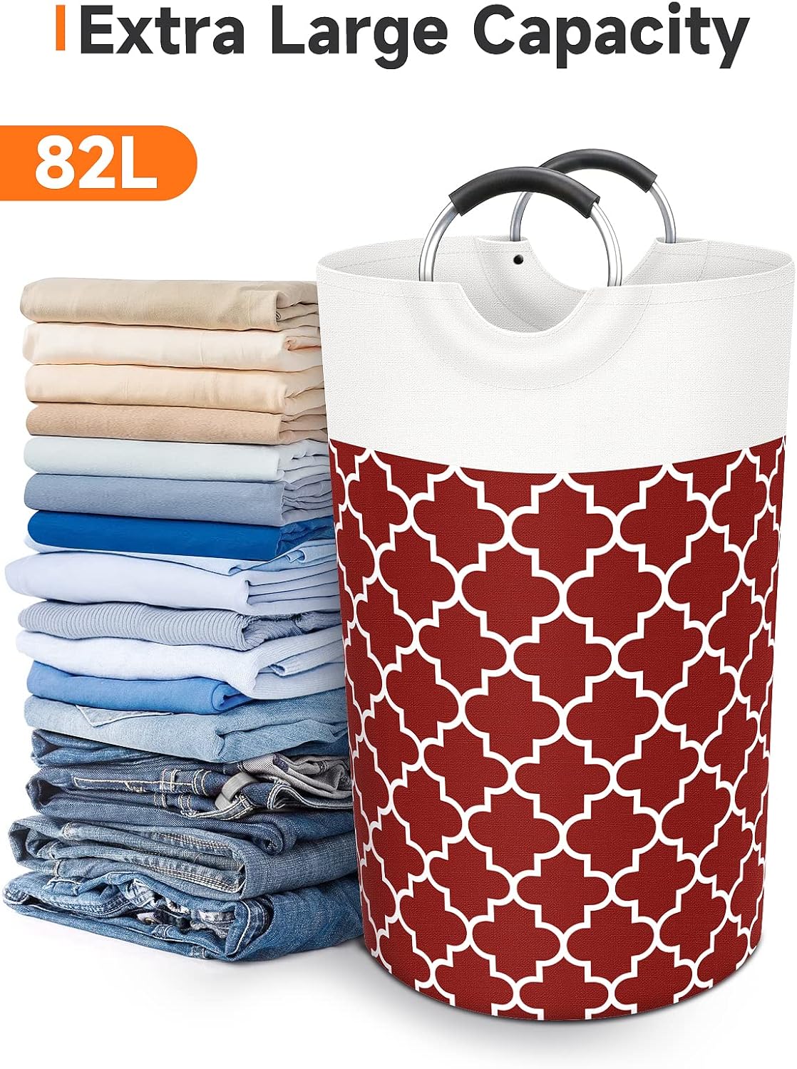 Large Laundry Basket Laundry Hamper Bag Washing Bin Clothes Bag Collapsible Tall with Handles Waterproof Travel Bathroom College Essentials Storage for College Dorm, Family, 82L (Red)
