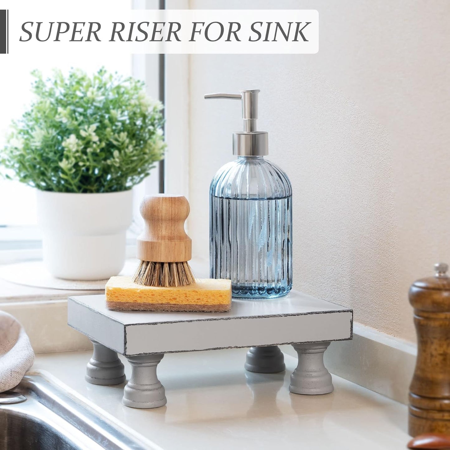 EOSAHR Decorative Wood Riser for Display : Modern Farmhouse Pedestal Stand for Home & Kitchen Decor and Stylish Soap Stand for Sink - Rustic Bathroom Counter Tray and Countertop Organizer (Light Gray)