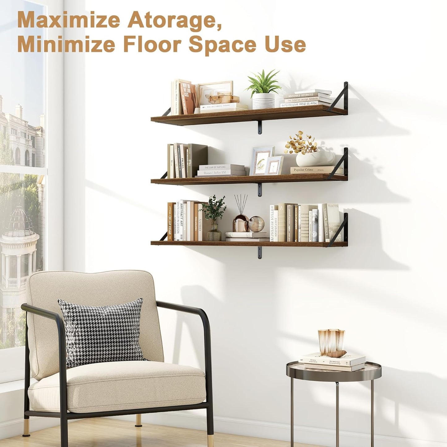 Fun Memories Floating Shelves for Wall, 36 Inches Long Set of 3 Wall Shelves for Bedroom, Floating Bookshelves with Metal Brackets for Living Room, Kitchen, Bedroom and Laundry Room (Walnut)