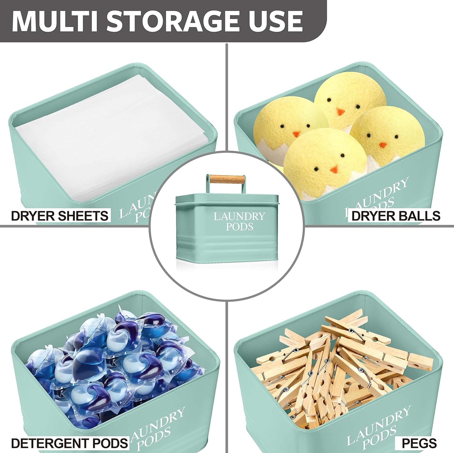 Calindiana Modern Farmhouse Metal Laundry Pods Holder Container with Lid for Laundry Room Decor and Accessories and Space Saving Organization and Storage, Holds 81 Laundry Pods, Mint