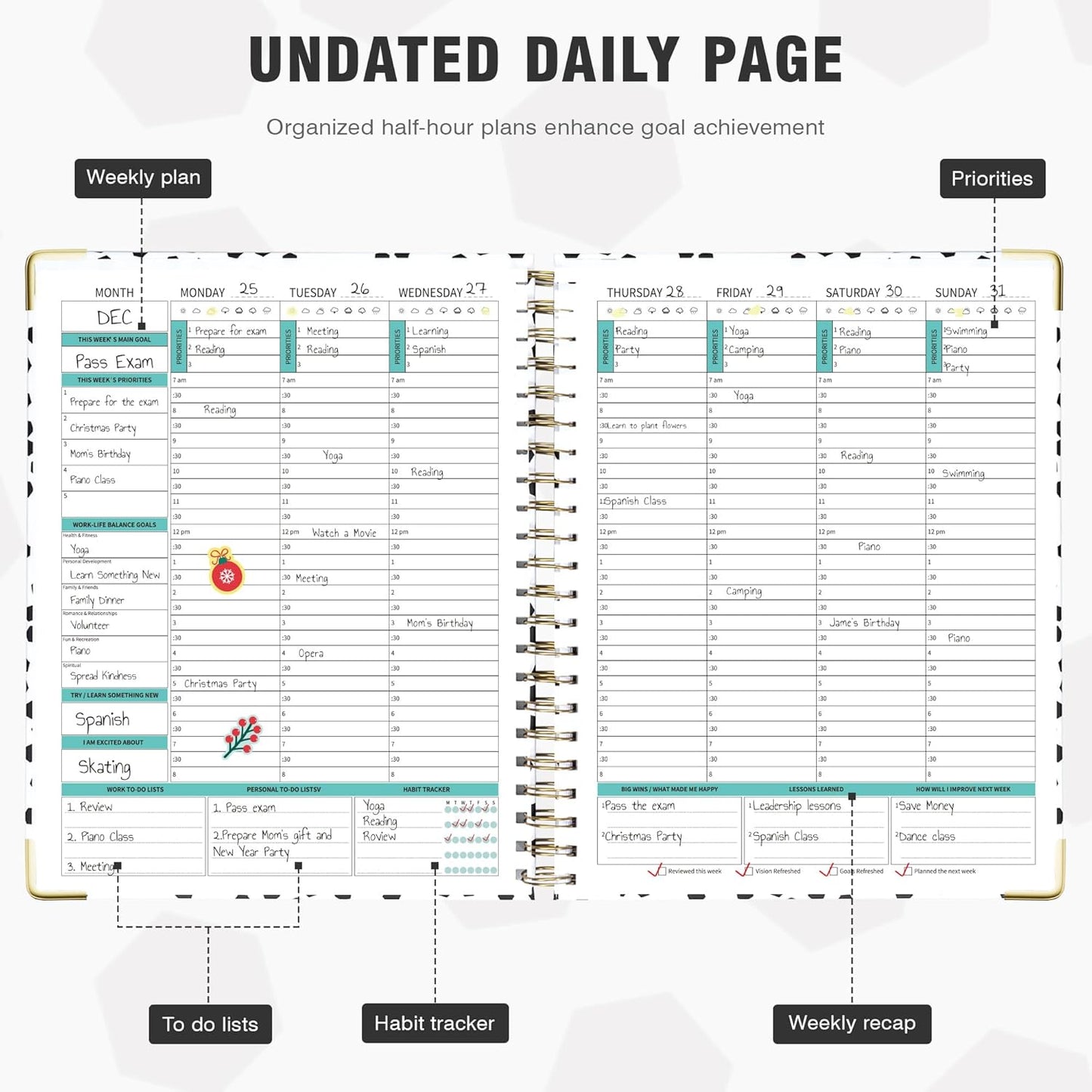 Ospelelf Undated Spiral Planner 12 Months, Daily Weekly and Monthly Academic Planner with Clip 8.5 x 11