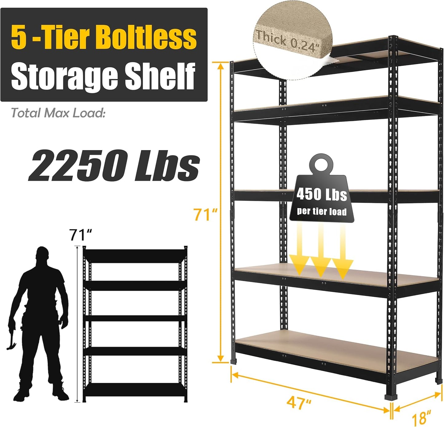 PrimeZone 2 Pack Heavy Duty Adjustable 5 Tier Garage Storage Shelves - 47" W x 18" D x 71" H, Metal Utility Rack Shelf Unit for Warehouse, Pantry, Closet, Kitchen, Black