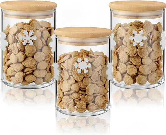 3 Pcs Christmas Icon Glass Storage Jars with Airtight Bamboo Lid White Snowflake Christmas Icon Glass Jars Canister Set for Home Winter Xmaskitchen Countertop