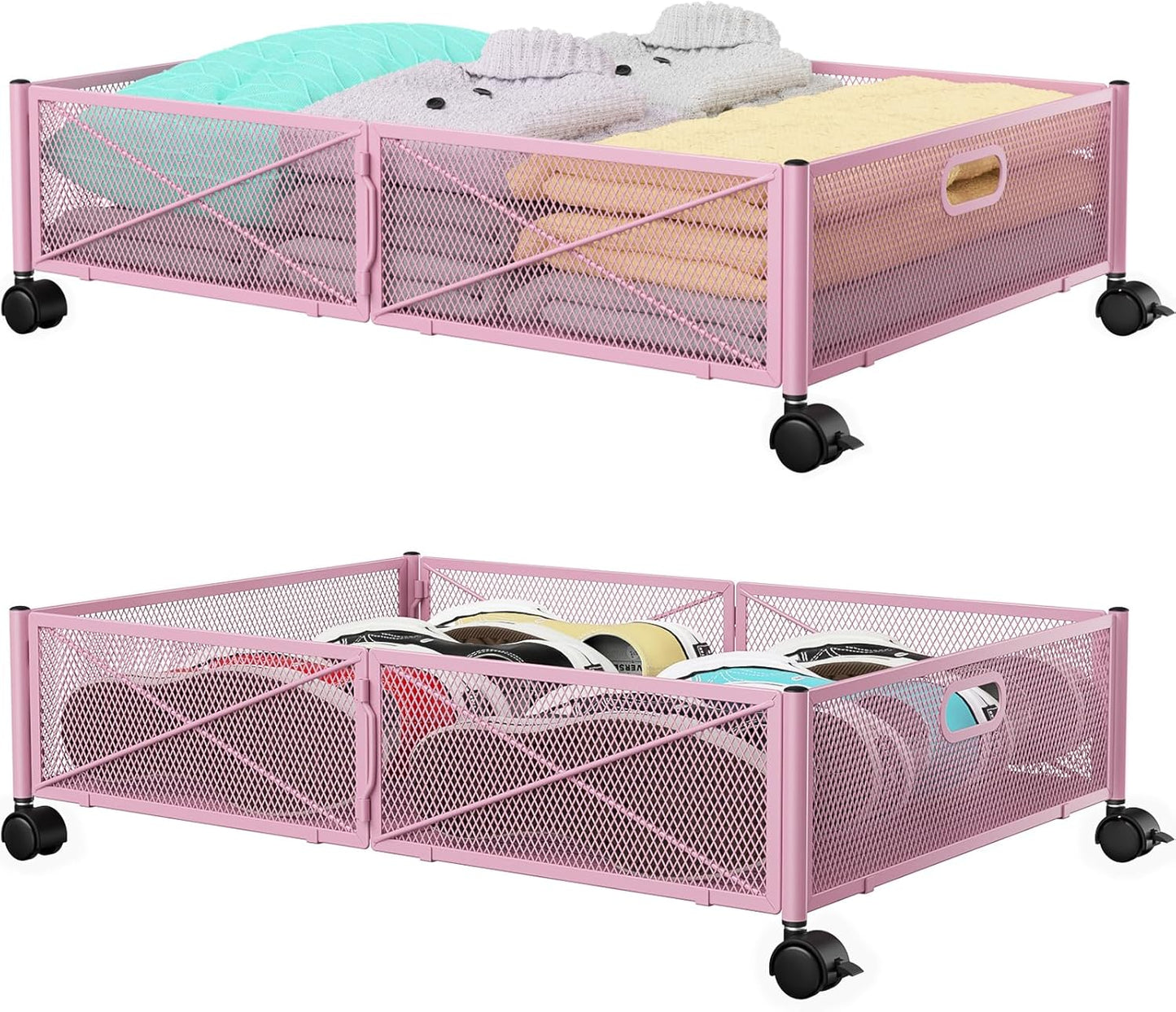 Under the Bed Storage Containers with Wheels, Under Bed Storage, Under Bed Shoe Storage Organizer Drawer, Tool-free Assembly Metal Underbed Storage Containers -Pink