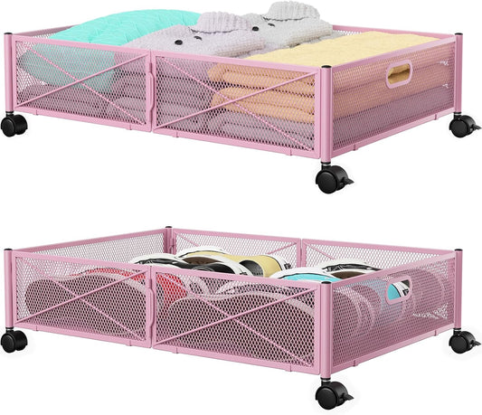Under the Bed Storage Containers with Wheels, Under Bed Storage, Under Bed Shoe Storage Organizer Drawer, Tool-free Assembly Metal Underbed Storage Containers -Pink