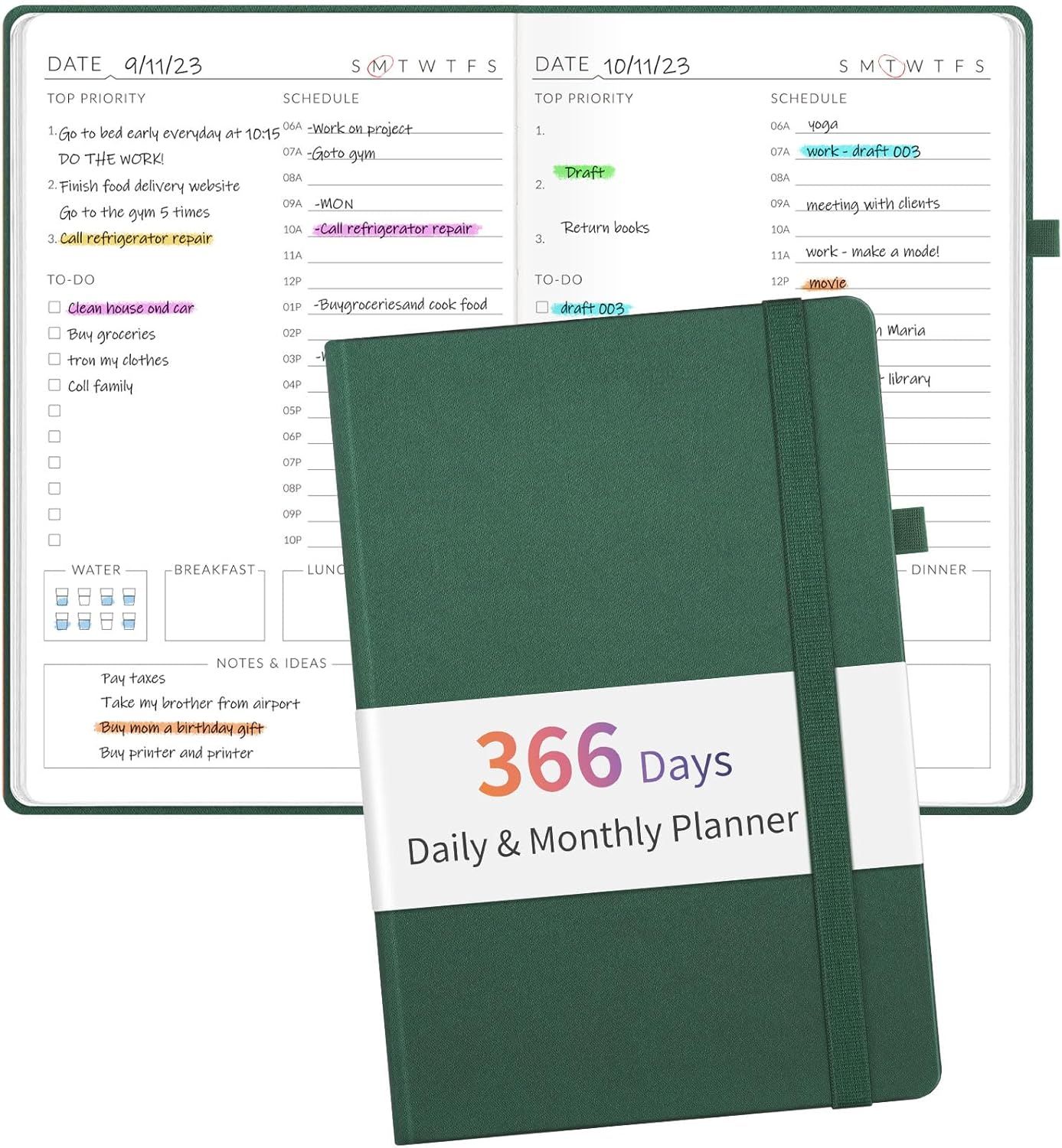 366 Days 2025 Planner, Forvencer Daily Weekly and Monthly Planner 2025 Academic Year, Durable Hardcover Agenda Planner for Work, School, Home, Start Anytime, A5(5.8'' x 8.3''),Dark Green