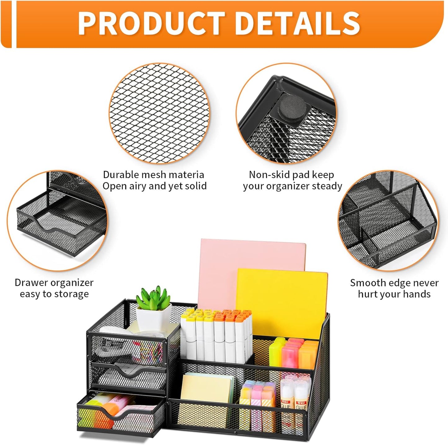 Lavatino Larger Mesh Desk Organizer with Drawers, Multifunctional Desk Organizers and Accessories with 6 compartments + 2 Drawer, Office Desktop Organization for supplies (Black)