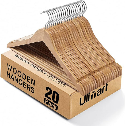 Wooden Hangers 20 Pack Smooth Finish Wood Hanger,Sturdy Clothes Hanger for Suit,Jacket, Pant, Dress,Coat Hangers for Closet (Natural)