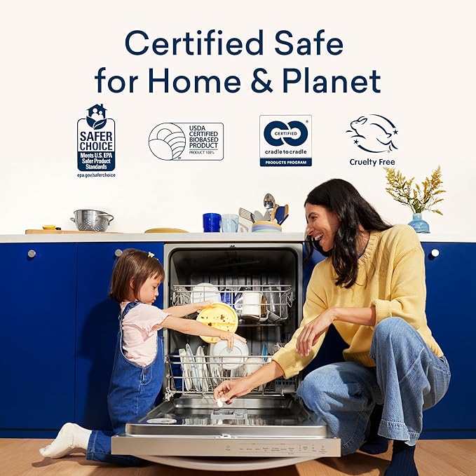 BLUELAND 100% Plastic-Free Dishwasher Detergent Tablets, 120 Count, Free & Clear, Eco-Friendly Dishwashing Pods, Natural, USDA Certified biobased