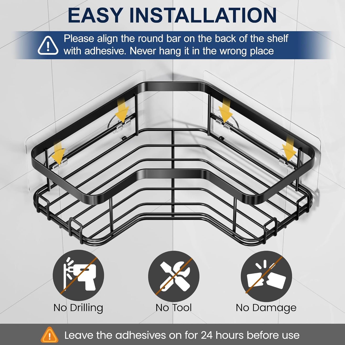 MAXIFFE 3 Pack Corner Shower Caddy with Soap Holder, Large Capacity Sturdy Adhesive Stainless Steel No Drilling Shower Organizer Shelves Rack Storage Inside Shower for Bathroom Family Renters, Black