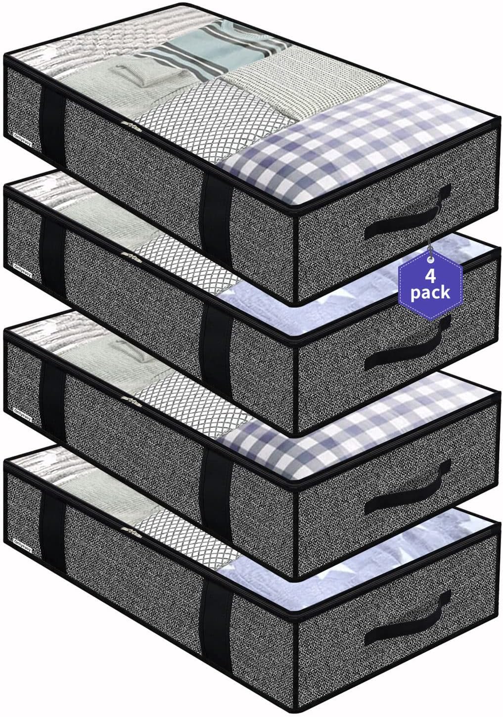 Onlyeasy 4 Pack Under Bed Clothes Storage Bags Organizer with Reinforced Handles and Zippers, Foldable Underbed Storage Container Bags for Blankets, Comforters, Bedding, Linen-like Black, MXAUBBP4