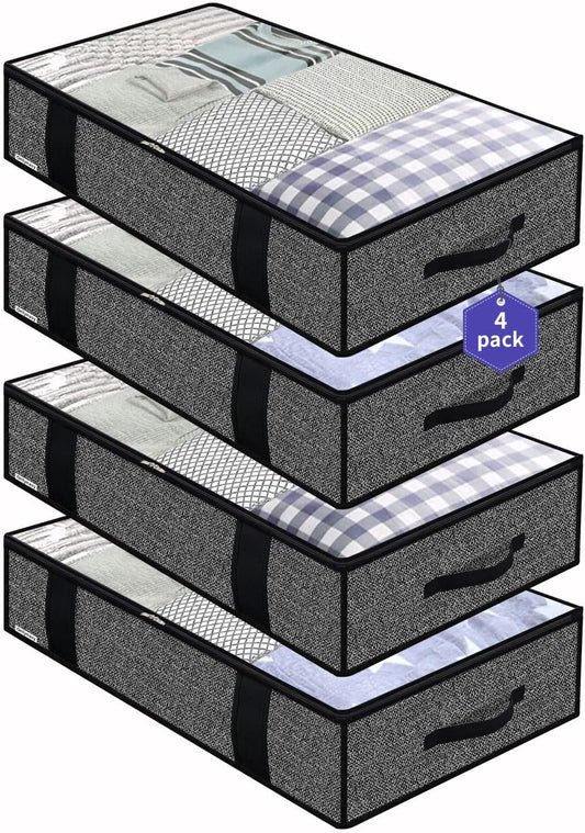 Onlyeasy 4 Pack Under Bed Clothes Storage Bags Organizer with Reinforced Handles and Zippers, Foldable Underbed Storage Container Bags for Blankets, Comforters, Bedding, Linen-like Black, MXAUBBP4