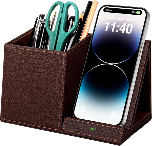 Pen Holder with Wireless Charger, Compatible with iPhone 17/16/15/14/13/12/11/8 Series, Pencil Holder Phone Stand for Desk Home Office, Men Gift Husband Wife Anniversary Dad Birthday Idea Gadget