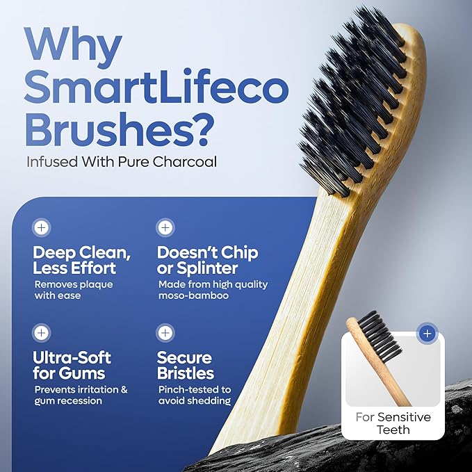 SmartLifeco Charcoal Bamboo Toothbrushes - Extra Soft Natural Bristles for Adults & Kids Teeth | Zero Waste Bulk Wooden Tooth Brush Travel Kit | BPA Free, Eco-Friendly, Vegan - (12 Pack)