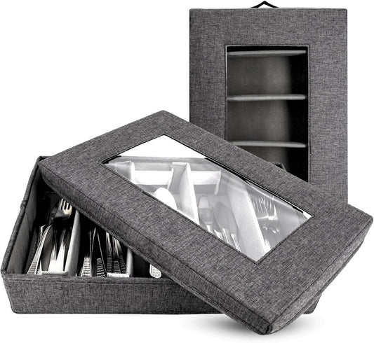 Homelux Theory Silverware Organizer with Lid, Hard Shell China Storage Containers for Flatware Storage, Heavy Duty Silverware Storage Box for Packing Serving Utensils with 5 Dividers and Thick Surface