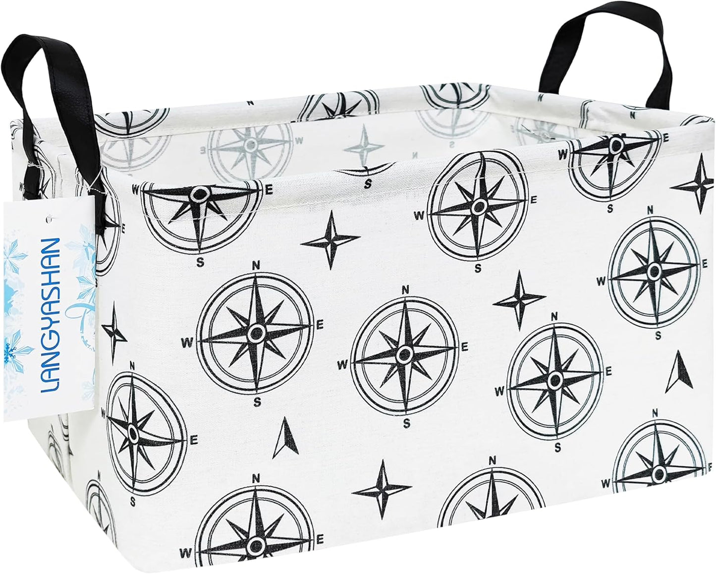 LANGYASHAN Rectangular Storage Bin Collapse Canvas Fabric Cartoon Storage Basket with Handles for Organizing Home Kitchen Boys and Girls Toys Office Closet Shelf Baskets (Rec Black Compass)