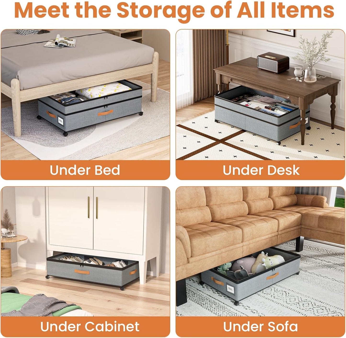 Under Bed Storage with Wheels, 72L XXL Under the Bed Storage Containers Large, 11‘’ Tall Adjustable Storage for Underbed with Lids, Rolling for Shoes, Clothes, Blankets, Grey