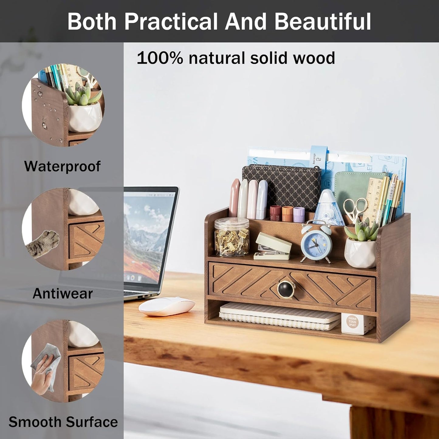 Brown Wood Desk Organizer and Accessories with Drawer, Bill Mail Organizer and File Mail Holder for Office Supplies, Desk Accessories & Workspace Organizers