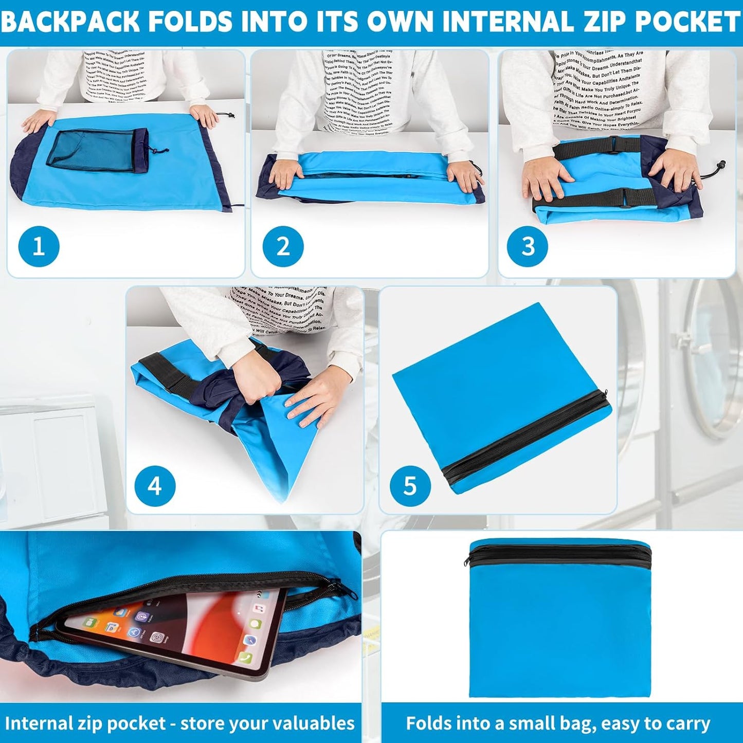 Laundry Bag Backpack with Shoulder Straps and Mesh Pocket Foldable Clothes Hamper Bag with Drawstring Closure for College, Apartment, Laundromat (Blue)