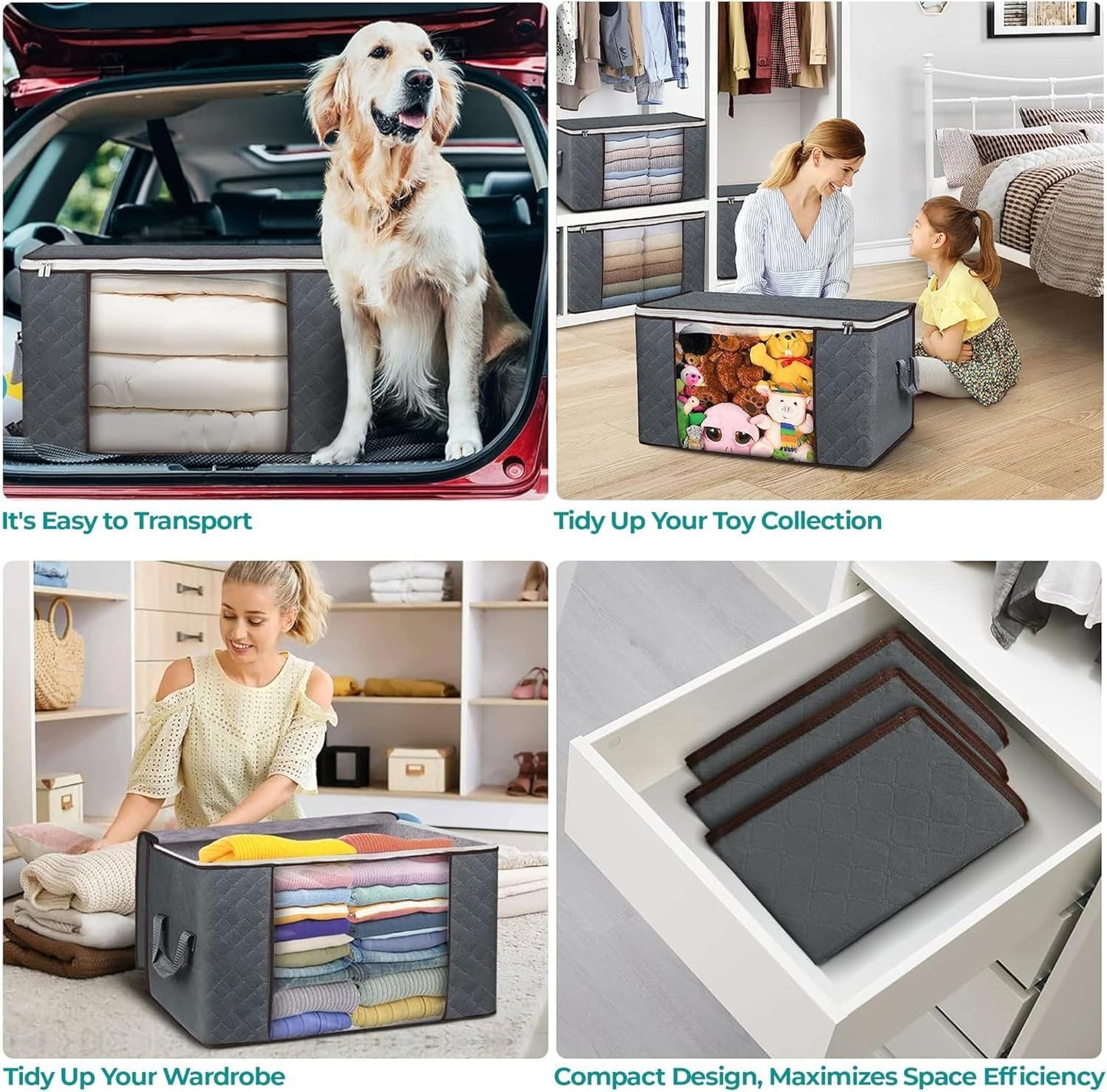 90L Large Storage Bags for Clothes,Blanket and Comforter, 6 Pack Foldable Clothes Storage Bins for Closet Organizer, Storage Containers with Handle